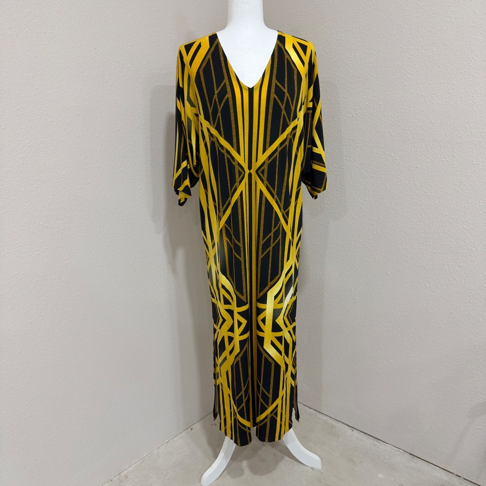 Eva Varro Maxi Caftan Dress Small Yellow Black Art Deco Geometric Glam